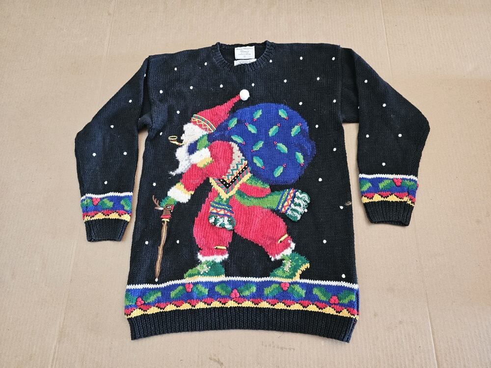 Vtg Mary Engelbreit Marisa Christina Green Christmas Sweater Small Santa Beaded